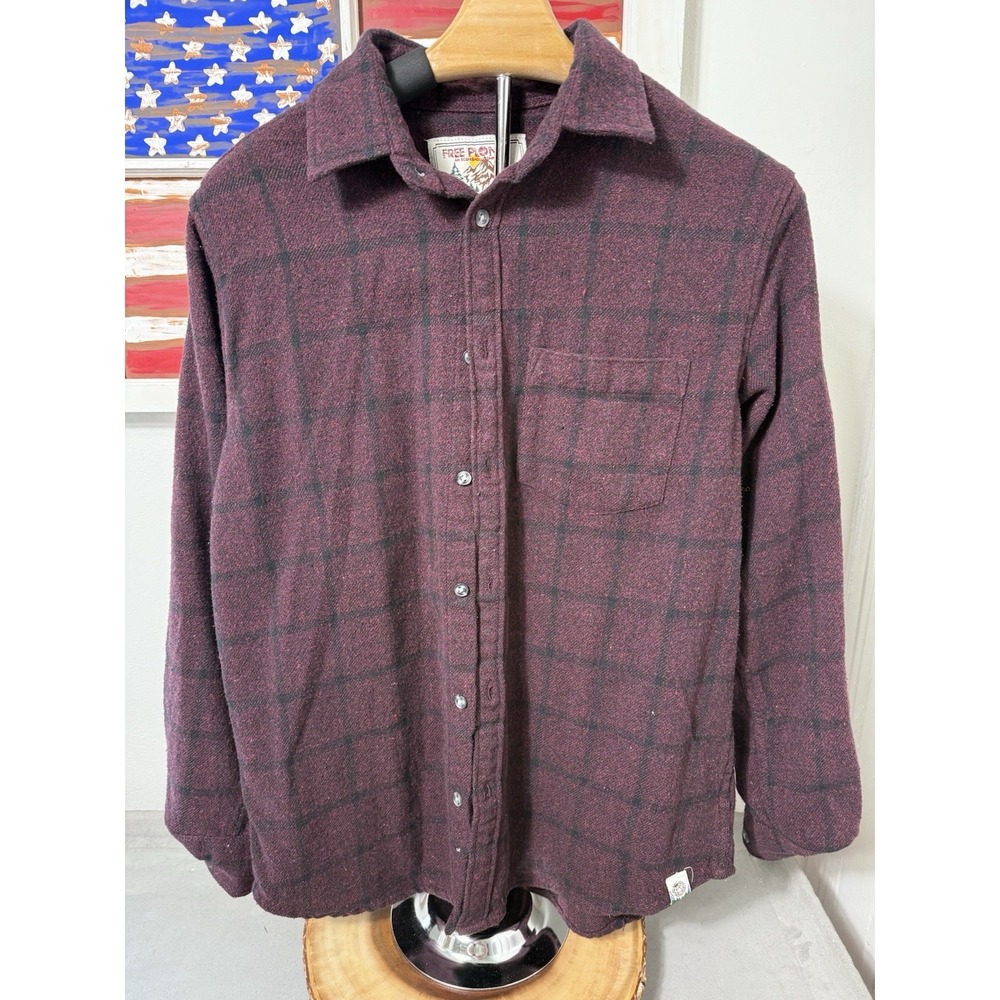 Free Pion Mens Flannel Shirt Burgundy Plaid Long Sleeve Button Up‎ Medium